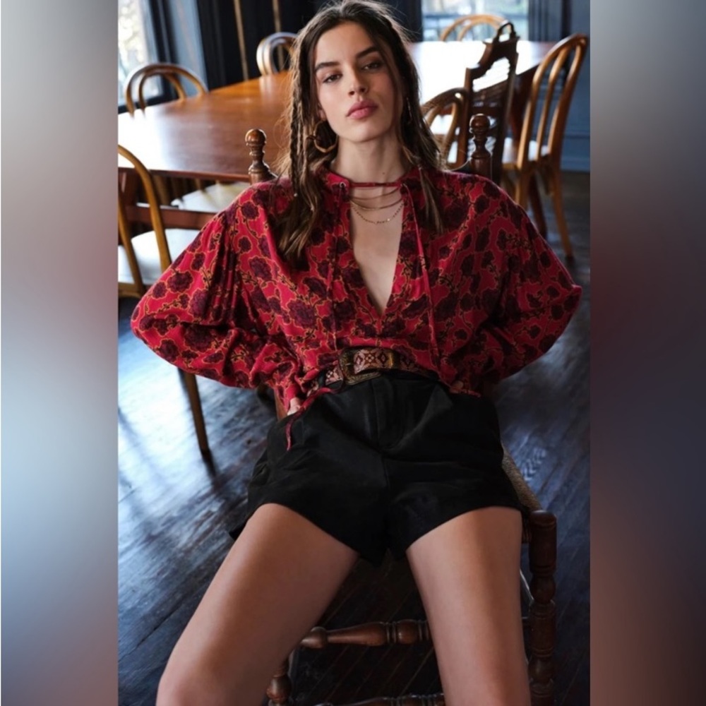 Free People MIA TUNIC TOP Lightweight Resort Vacation Blouse Red Floral XS /M